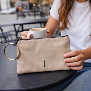Thacker NY Leather Wristlet Clutch Beige Zip Pouch Key Ring